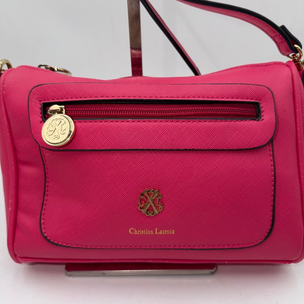 Christian Lacroix Hot Pink Faux Leather Crossbody Bag Gold Logo Medallion Pink